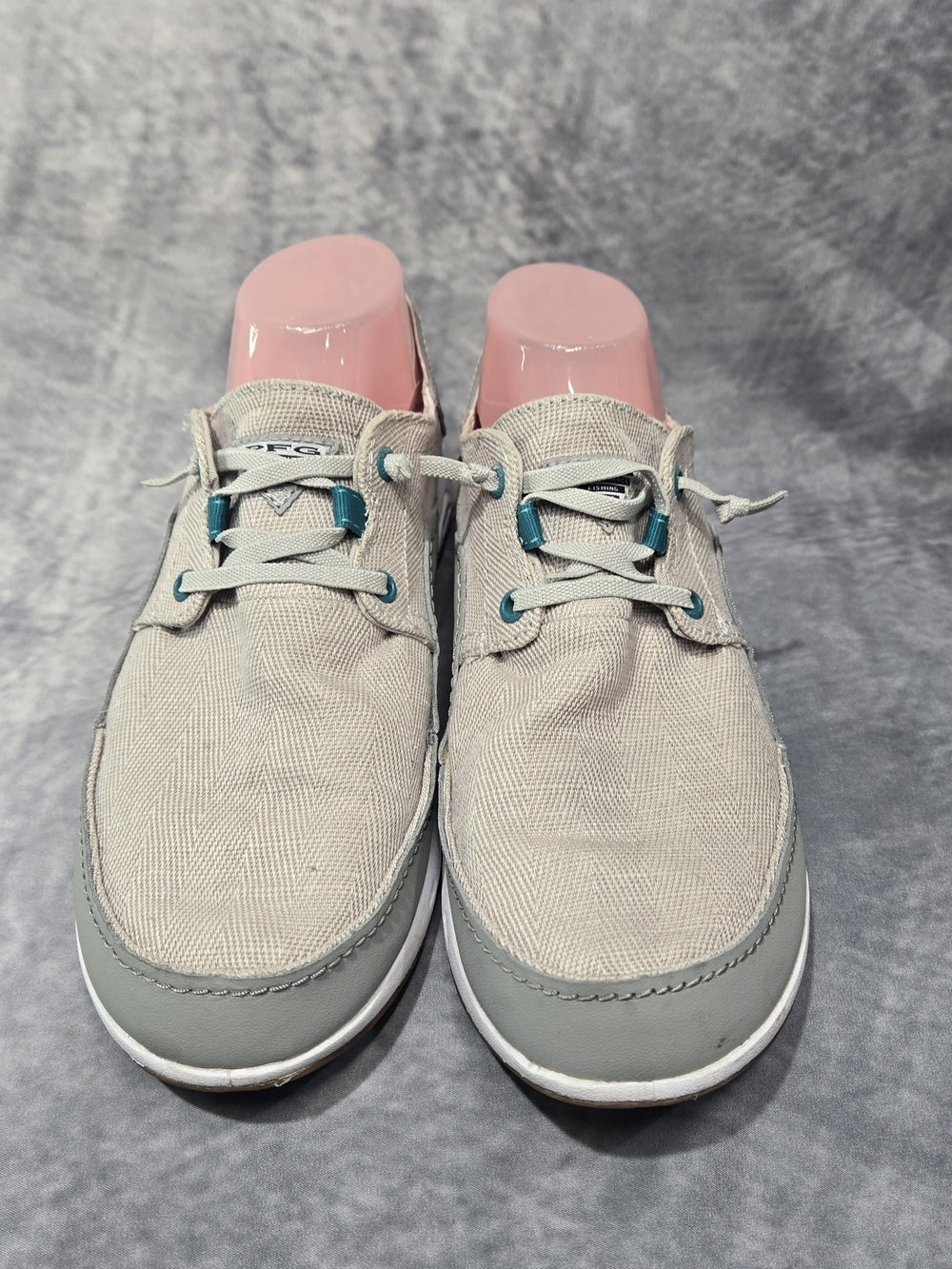 Columbia Men's Light Gray Canvas Boat Shoes with Teal Eyelets